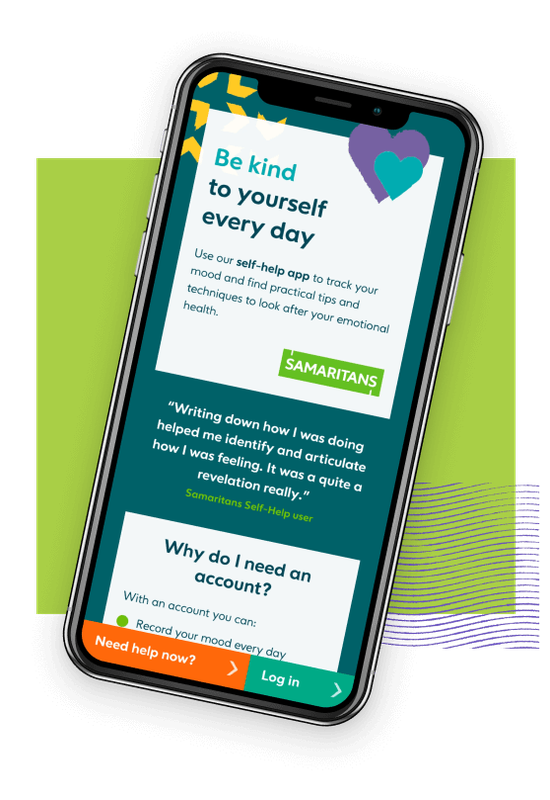 Samaritans app on phone slanted to the right