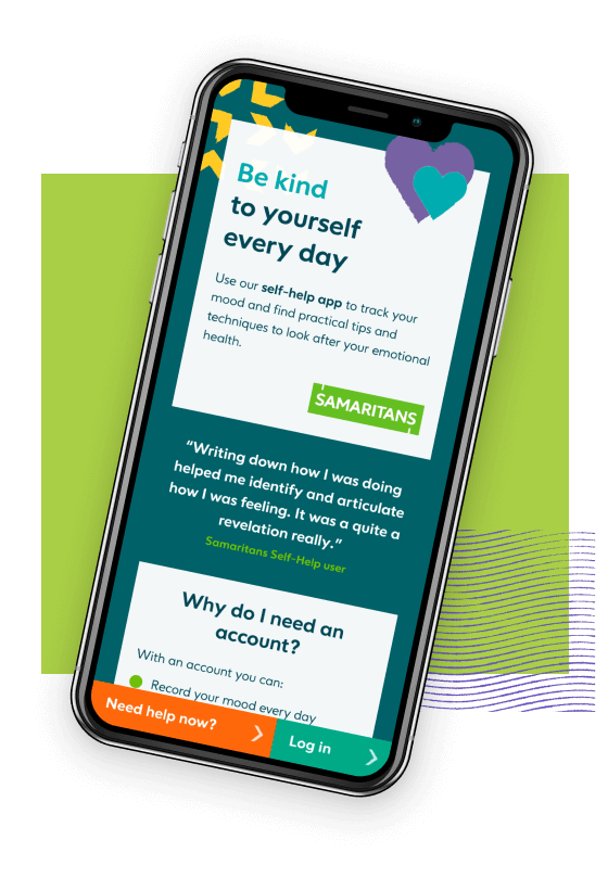Samaritans app on phone slanted to the right