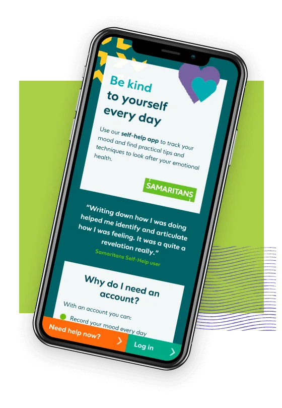 Samaritans app on phone slanted to the right