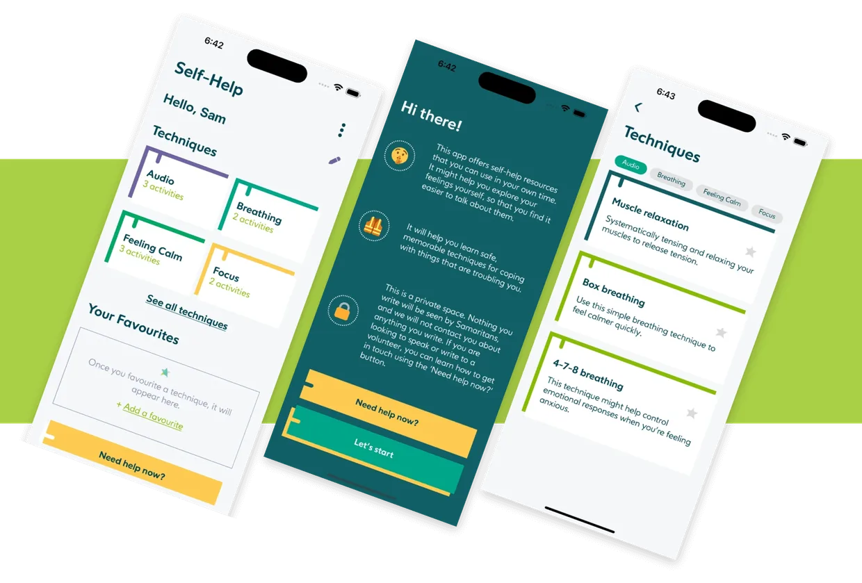 3 Samaritans app screens slanted right